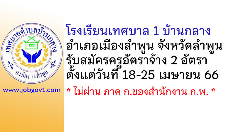 โรงเรียนเทศบาล 1 บ้านกลาง รับสมัครครูอัตราจ้าง 2 อัตรา