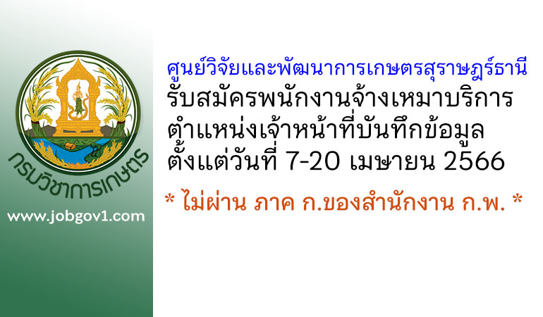 ศูนย์วิจัยและพัฒนาการเกษตรสุราษฎร์ธานี รับสมัครคัดเลือกจ้างเหมาบริการ ตำแหน่งเจ้าหน้าที่บันทึกข้อมูล