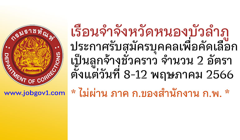 เรือนจำจังหวัดหนองบัวลำภู รับสมัครบุคคลเพื่อคัดเลือกเป็นลูกจ้างชั่วคราว 2 อัตรา