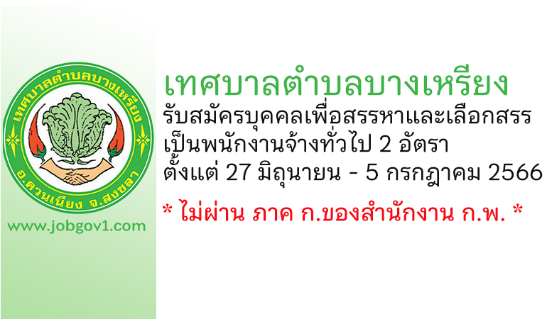 เทศบาลตำบลบางเหรียง รับสมัครบุคคลเพื่อสรรหาและเลือกสรรเป็นพนักงานจ้างทั่วไป 2 อัตรา