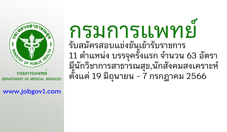 กรมการแพทย์ รับสมัครสอบแข่งขันเพื่อบรรจุและแต่งตั้งบุคคลเข้ารับราชการ บรรจุครั้งแรก 63 อัตรา