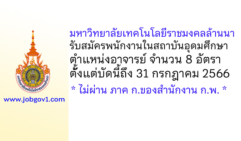 มหาวิทยาลัยเทคโนโลยีราชมงคลล้านนา รับสมัครพนักงานในสถาบันอุดมศึกษา ตำแหน่งอาจารย์ 8 อัตรา