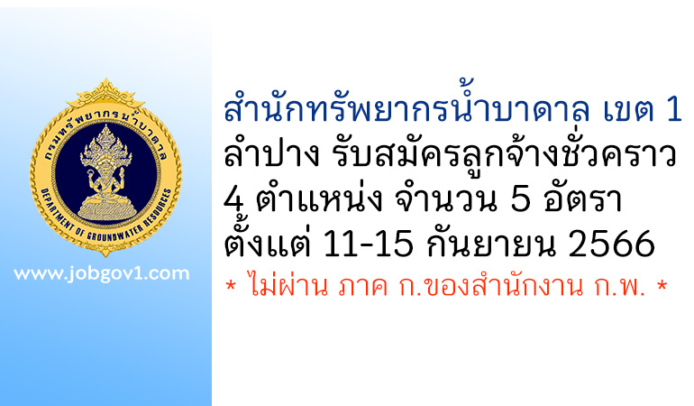 สำนักทรัพยากรน้ำบาดาล เขต 1 ลำปาง รับสมัครลูกจ้างชั่วคราว 5 อัตรา