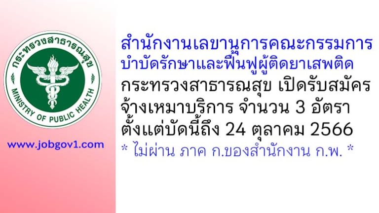 สำนักงานเลขานุการคณะกรรมการบำบัดรักษาและฟื้นฟูผู้ติดยาเสพติด กระทรวงสาธารณสุข รับสมัครจ้างเหมาบริการ 3 อัตรา