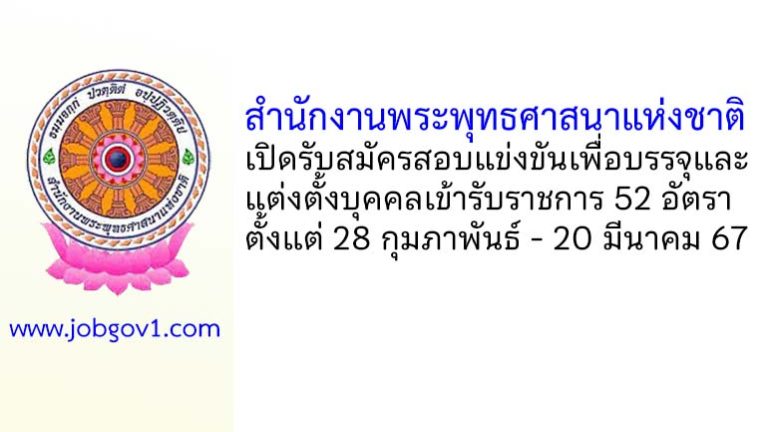 สำนักงานพระพุทธศาสนาแห่งชาติ รับสมัครสอบแข่งขันเพื่อบรรจุและแต่งตั้งบุคคลเข้ารับราชการ 52 อัตรา