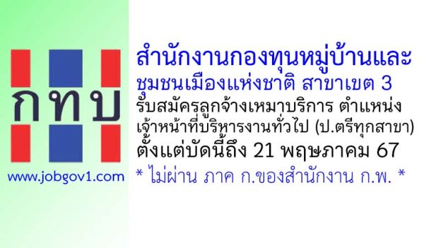 สำนักงานกองทุนหมู่บ้านและชุมชนเมืองแห่งชาติ สาขาเขต 3 รับสมัครจ้างเหมาบริการ ตำแหน่งเจ้าหน้าที่บริหารงานทั่วไป