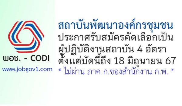 สถาบันพัฒนาองค์กรชุมชน (องค์การมหาชน) รับสมัครคัดเลือกเป็นผู้ปฏิบัติงานสถาบัน 4 อัตรา