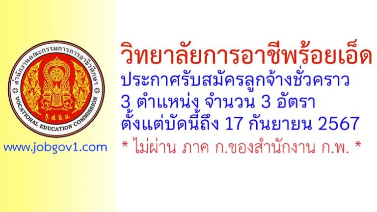 วิทยาลัยการอาชีพร้อยเอ็ด รับสมัครลูกจ้างชั่วคราว 3 อัตรา