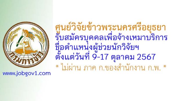 ศูนย์วิจัยข้าวพระนครศรีอยุธยา รับสมัครบุคคลเพื่อจ้างเหมาบริการ ตำแหน่งผู้ช่วยนักวิจัยฯ