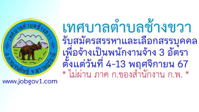 เทศบาลตำบลช้างขวา รับสมัครสรรหาและเลือกสรรบุคคลเพื่อจ้างเป็นพนักงานจ้าง 3 อัตรา