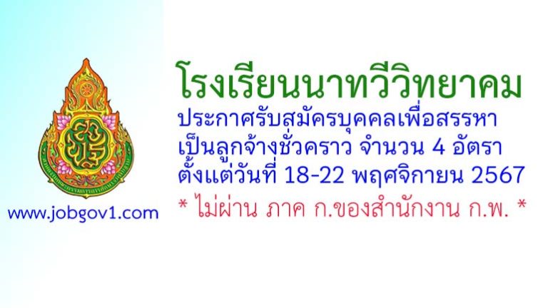 โรงเรียนนาทวีวิทยาคม รับสมัครบุคคลเพื่อสรรหาเป็นลูกจ้างชั่วคราว 4 อัตรา